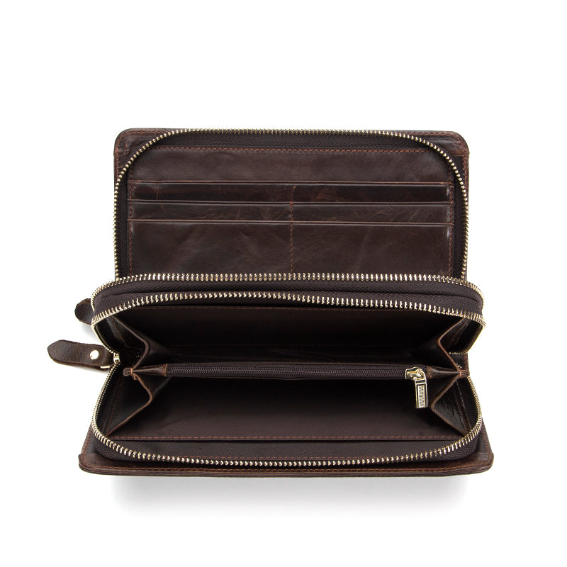 Genuine Leather Double Zipper Wallet